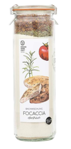 Bio Backmischung Focaccia mit Rosmarin und Tomaten, Glas